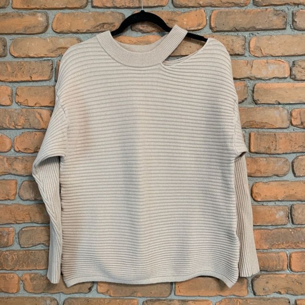 Kirundo Cut Out Sweater Womens Large Beige Ribbed Knit Pullover‎ Long Sleeve Top